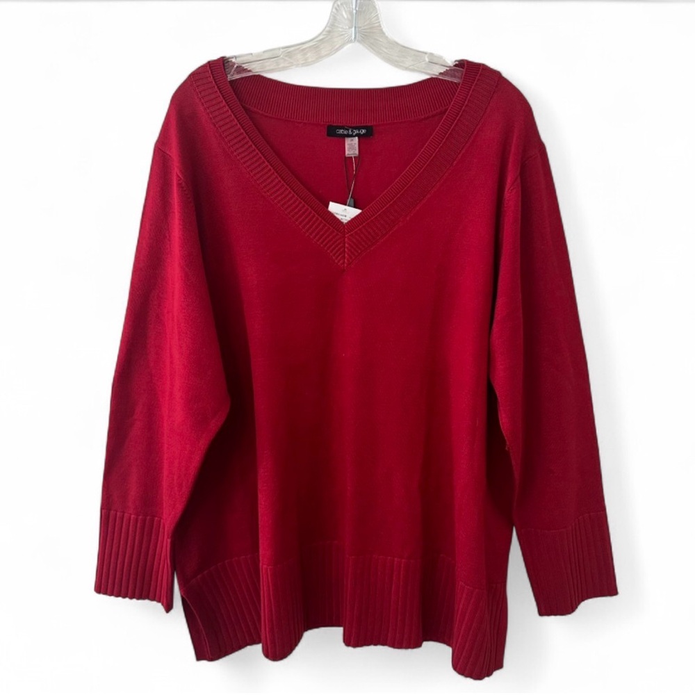 Cable‎ & Gauge Red V-Neck Sweater Women's Size 2X NEW